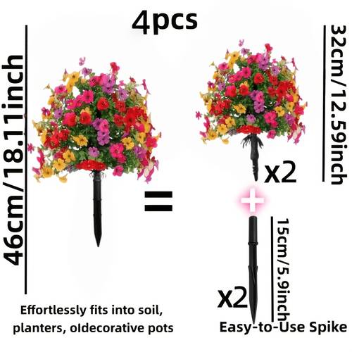 4pcs Set of Vivid and Realistic Rustic-style Outdoor Artificial Flowers with Ground Stakes. Suitable for Home, Hotel, Office, Weddings, and Housewarming Parties. Ideal for Outdoor Garden Decor, Cemetery Decorations, and Holiday Decor for St.