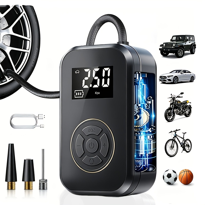 photo de l'article compresseur et gonfleur de pneu portables, gonfleur électrique 150 psi, pompe à vélo portable, avec affichage numérique led et lumière led, batterie lithium-ion rechargeable, convient à   les vélos, motos et voitures