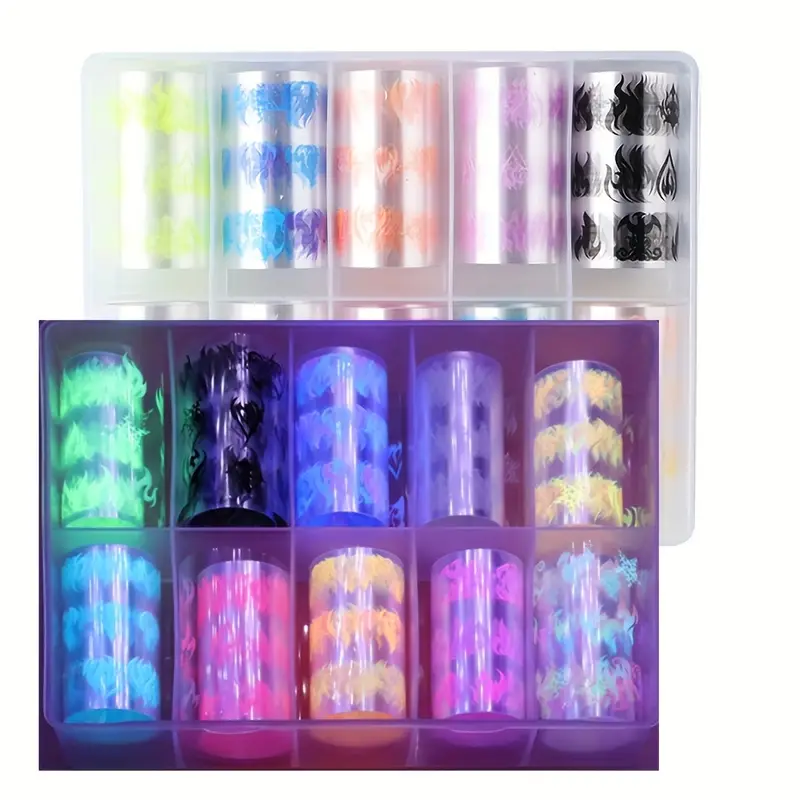 10 rolls box fluorescent fire flame transfer nail foil neon luminous torch light starry sky paper hanging decoration sparkle nail foil decoration manicure pack 1 box boxed starry sky paper b121 details 5