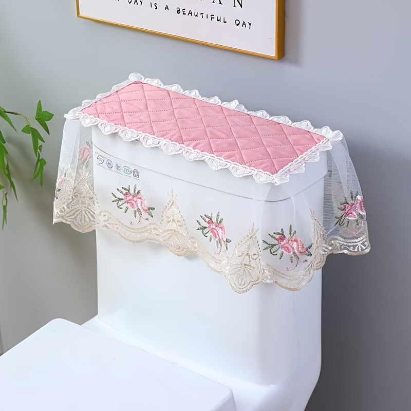 universal toilet water tank cover with decorative lace trim super   polyester bathroom decor no electricity needed   conceals unsightly tank for modern traditional bathrooms