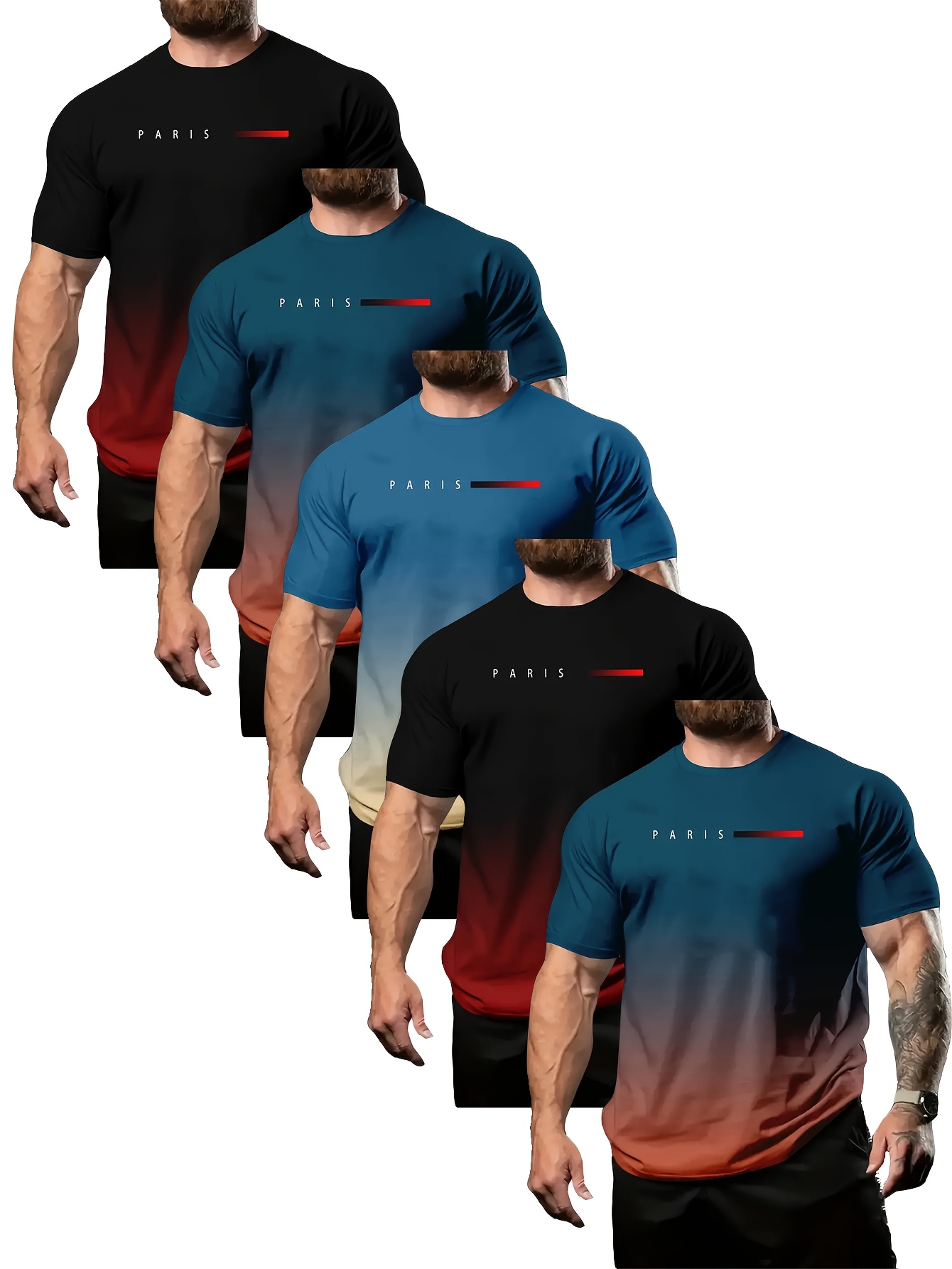 5-Pack Men's Gradient Short Sleeve Crew Neck T-Shirts