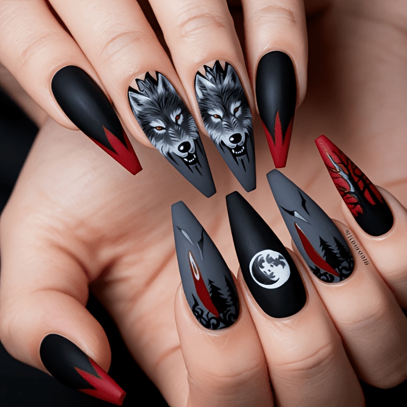 TEMU Nuove Unghie Finte Gotiche con Testa , 24 Pezzi, Nail Art & , Unghie Lunghe a Mandorla, Unghie Finte per Halloween, Riutilizzabili