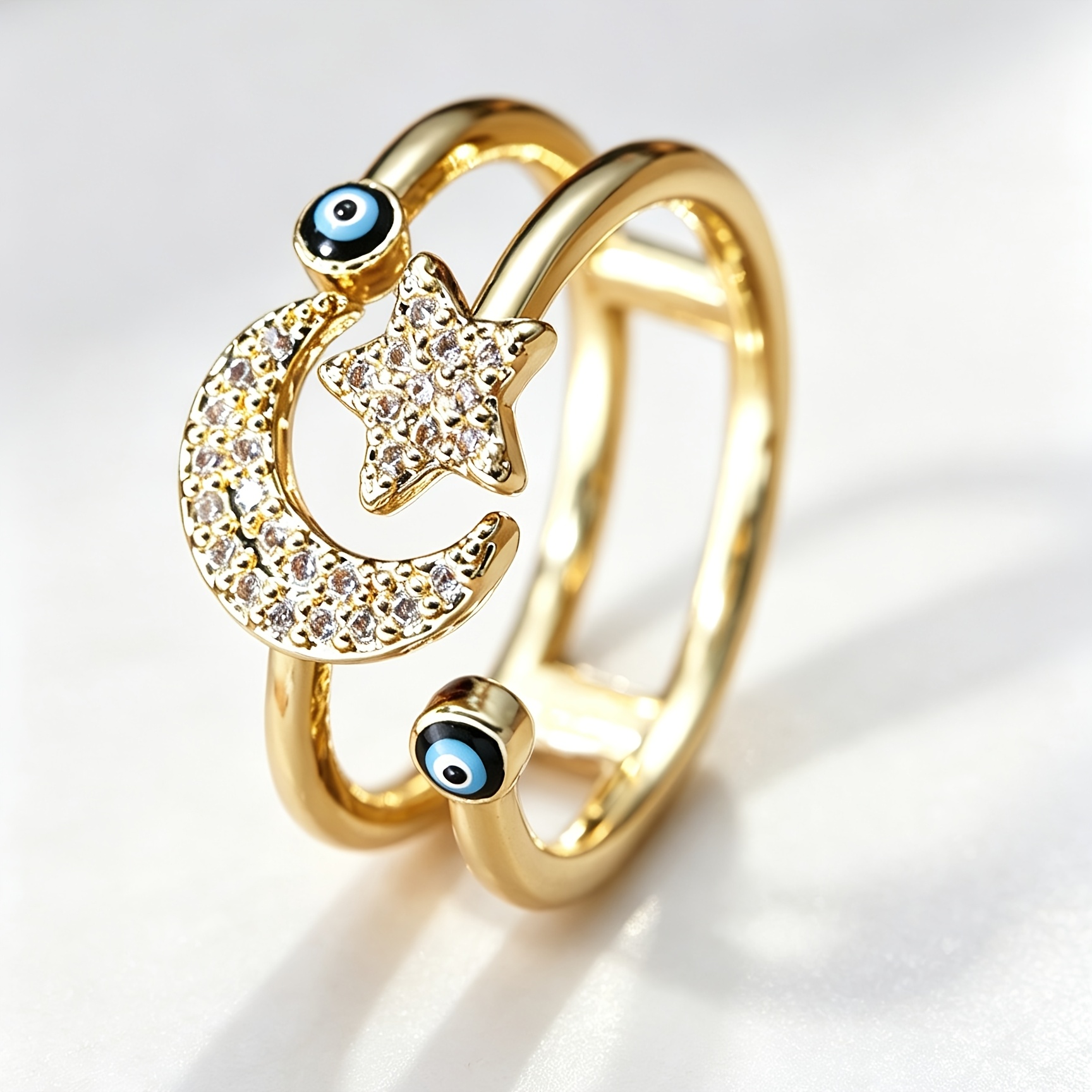 Women's Star Moon Evil Eye Open Ring, Stackable Design