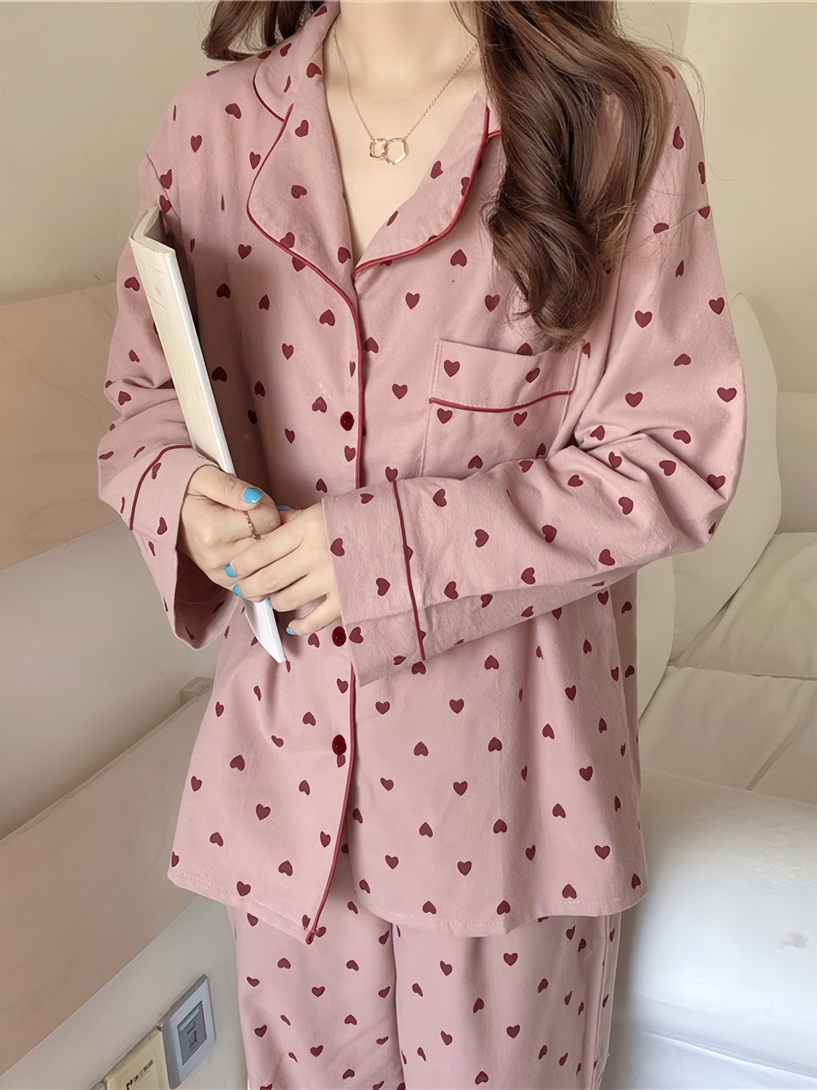   heart print long sleeved pajamas two piece set lapel contrasting trim long sleeved top elastic waist trousers loose casual   spring and autumn  