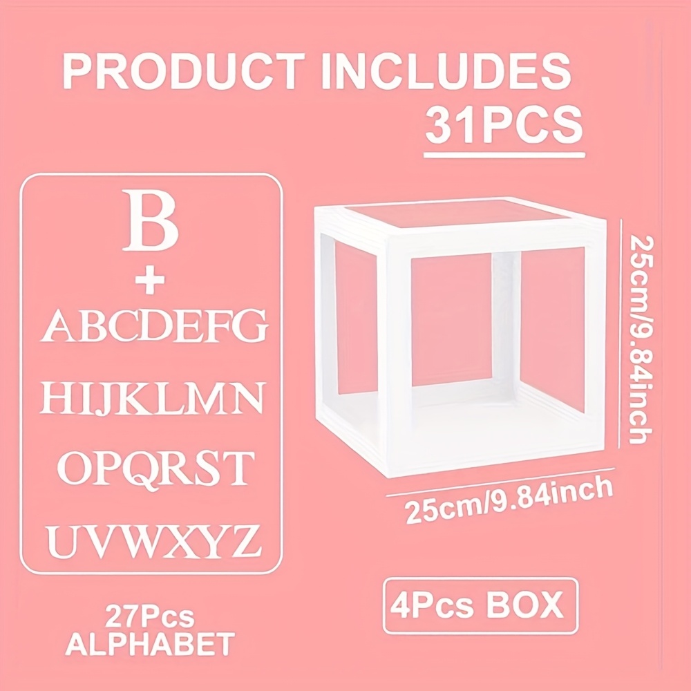 E-shop 31-teiliges Set, weiße transparente Ballonbox mit 27 Buchstaben (A-Z+B), Happy Birthday Dekorationsbox, Geschlechtsenthüllungs-Partyzubehör,