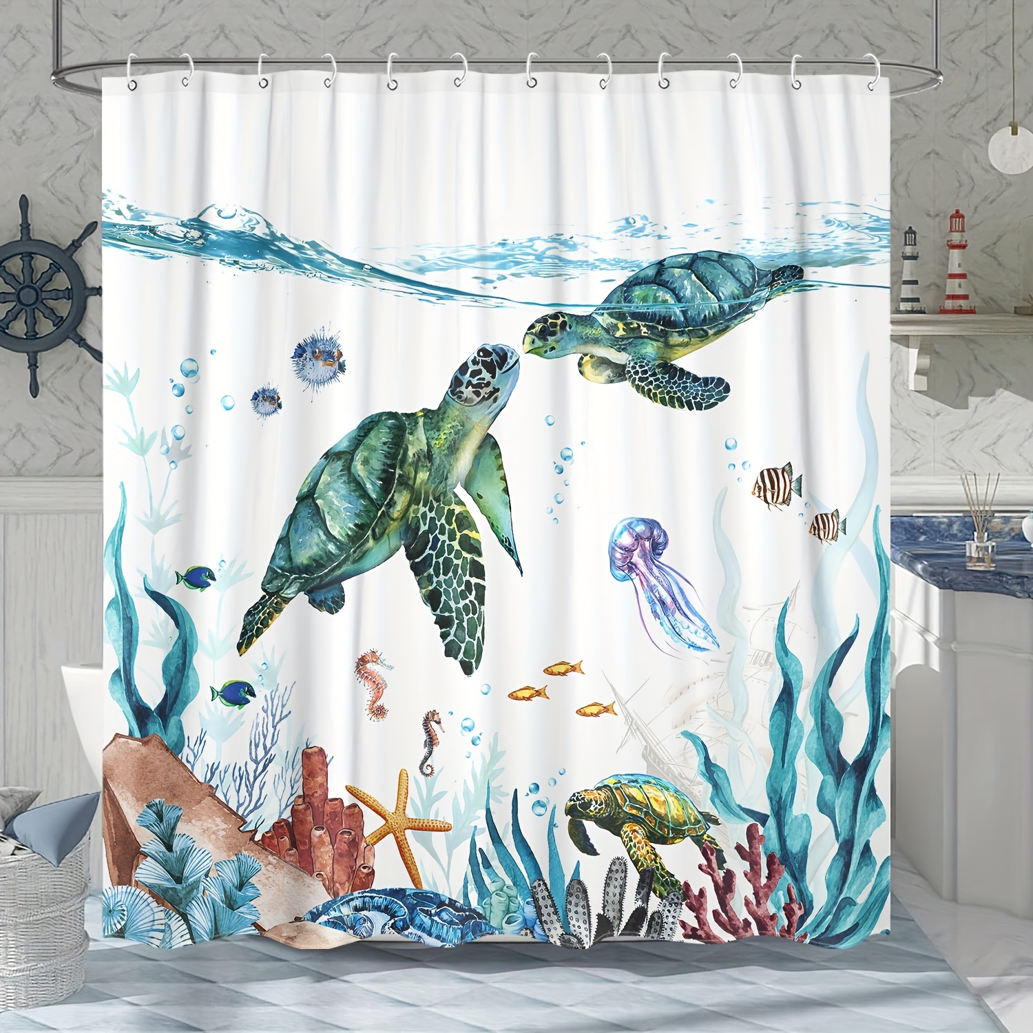 

Sea Turtle Shower Curtain Teal Blue Ocean Waterproof Fabric Shower Curtains For Bathroom With Funny Animal Octopus Starfish Anchor Fish Nautical Bath Curtain Decor (teal, 72''×72'')