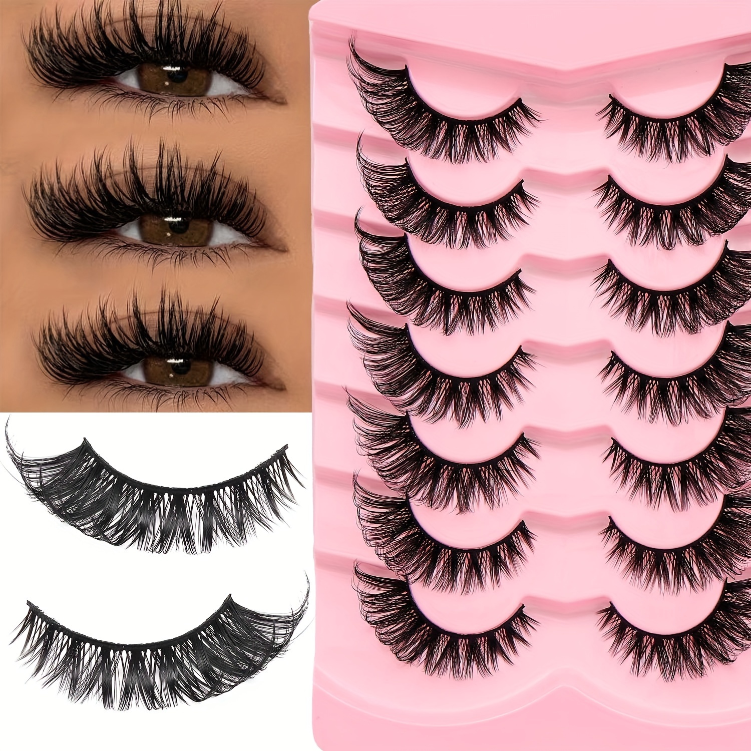 

7 Pairs False Eyelashes - D , Multi-length 6-15mm, Fluffy Cat Eye & Cosplay Lashes With Soft Transparent Band - Beginner Friendly & Reusable Extra Extensions