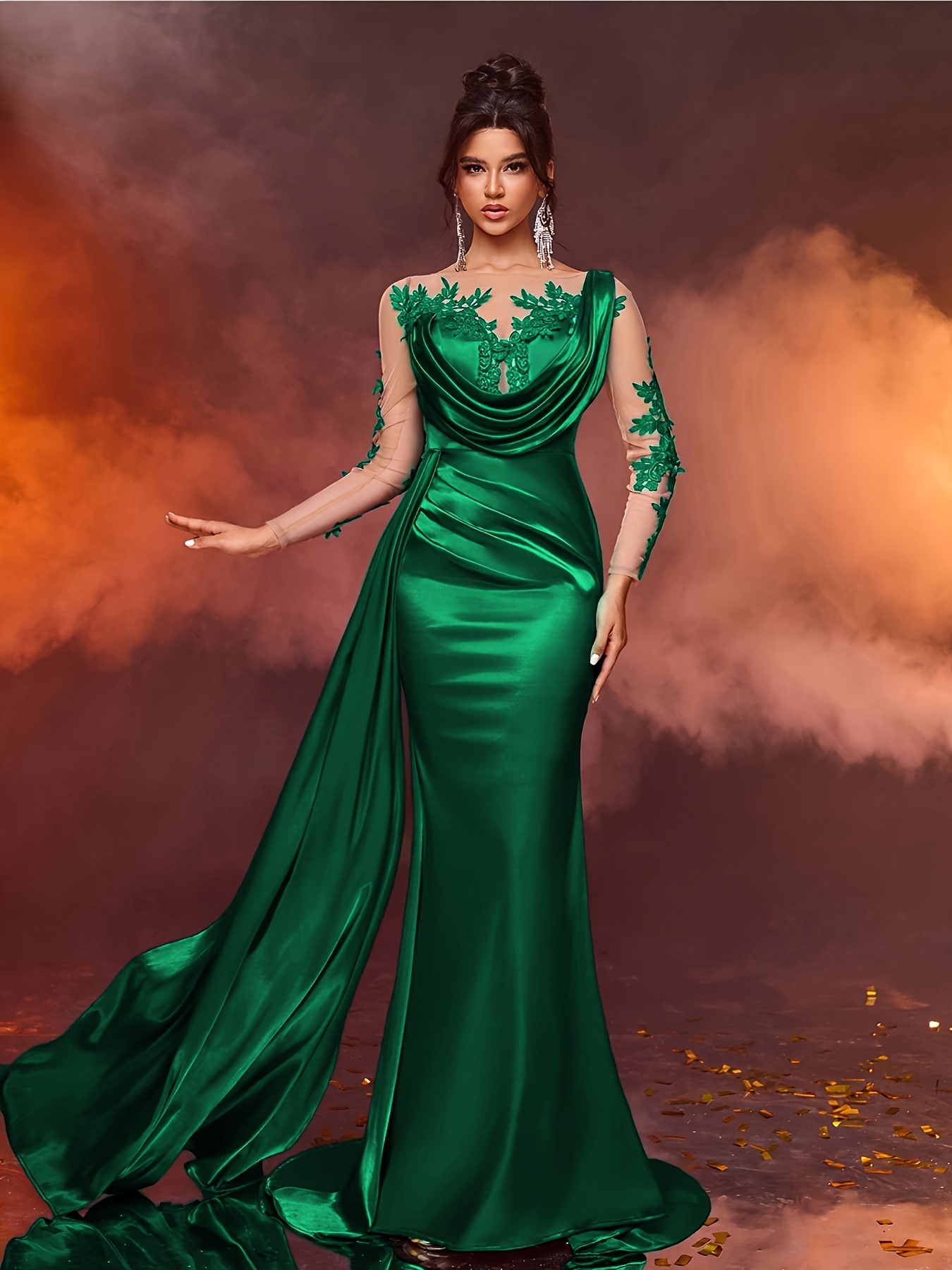 Robe longue formelle élégant pour femme Taille haute, manches longues,  détails en dentelle, design fluide pour et les occasions spéciales,