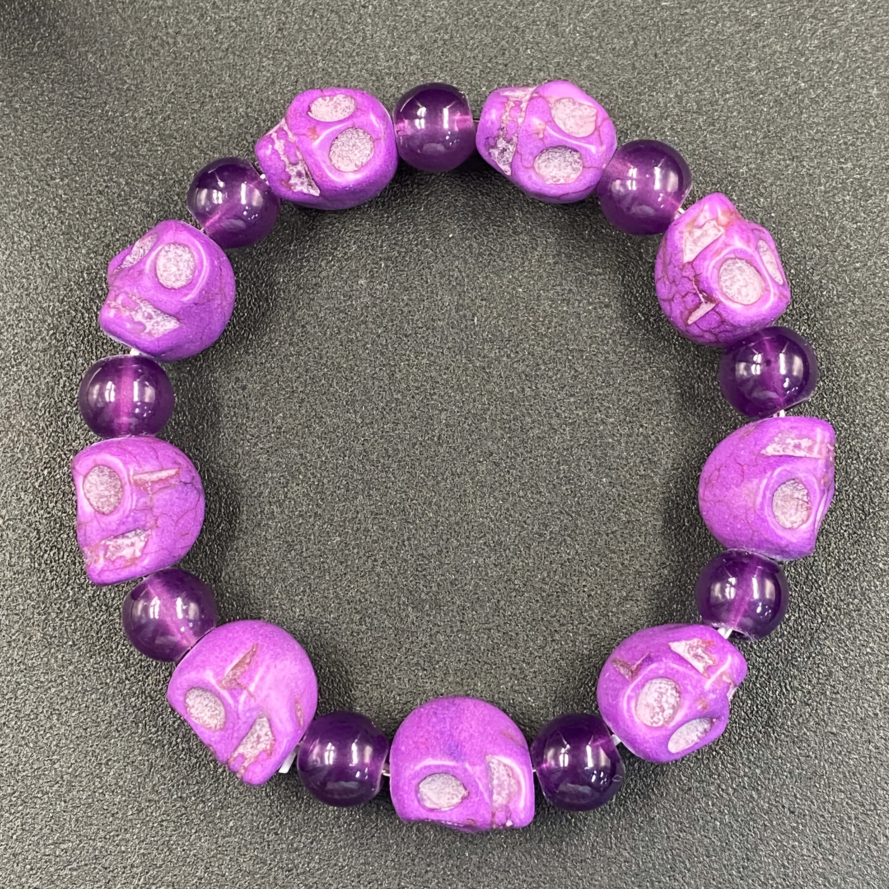 Carved Purple Skull Bracelet with Amethyst Beads