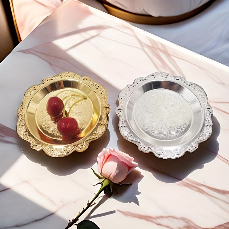 

Elegant Embossed Metal Tray For Tea Cups, Jewelry Storage, Snacks & Desserts - Perfect For Home Decor