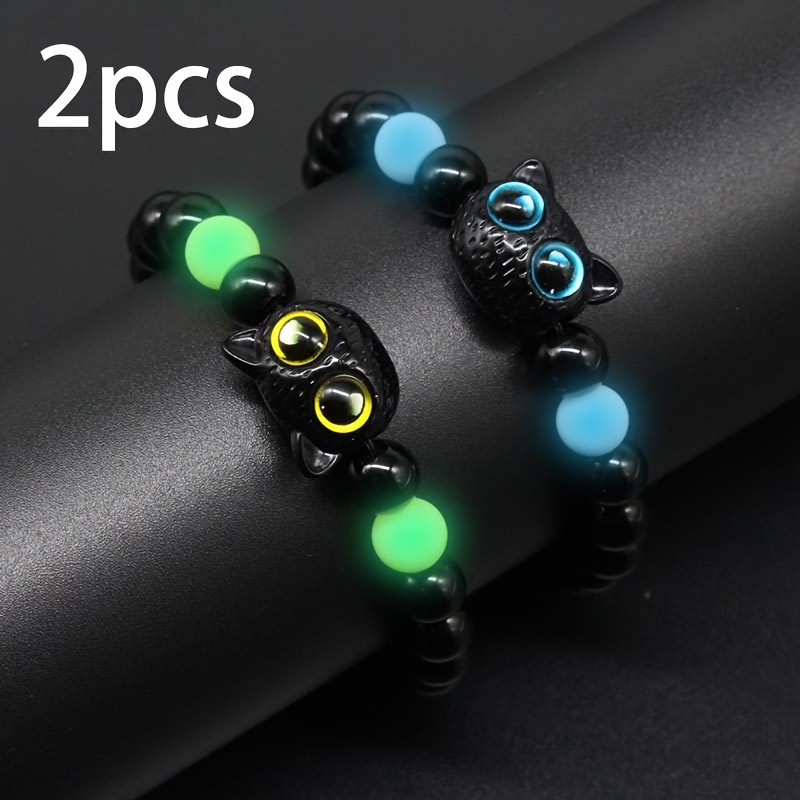 

2pcs Luminous Bead Couple Bracelet, Cute Cat Elastic Bracelet Set