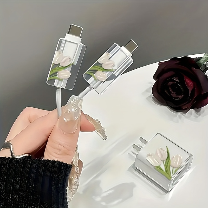 E-shop 3er-Set weiße Tulpen passend für iPhone 15 Ladegerät Schutzhülle, bruchsichere 20W Schnellladekopf-Schutzhülle und 18W Datenkabelschutztasche,
