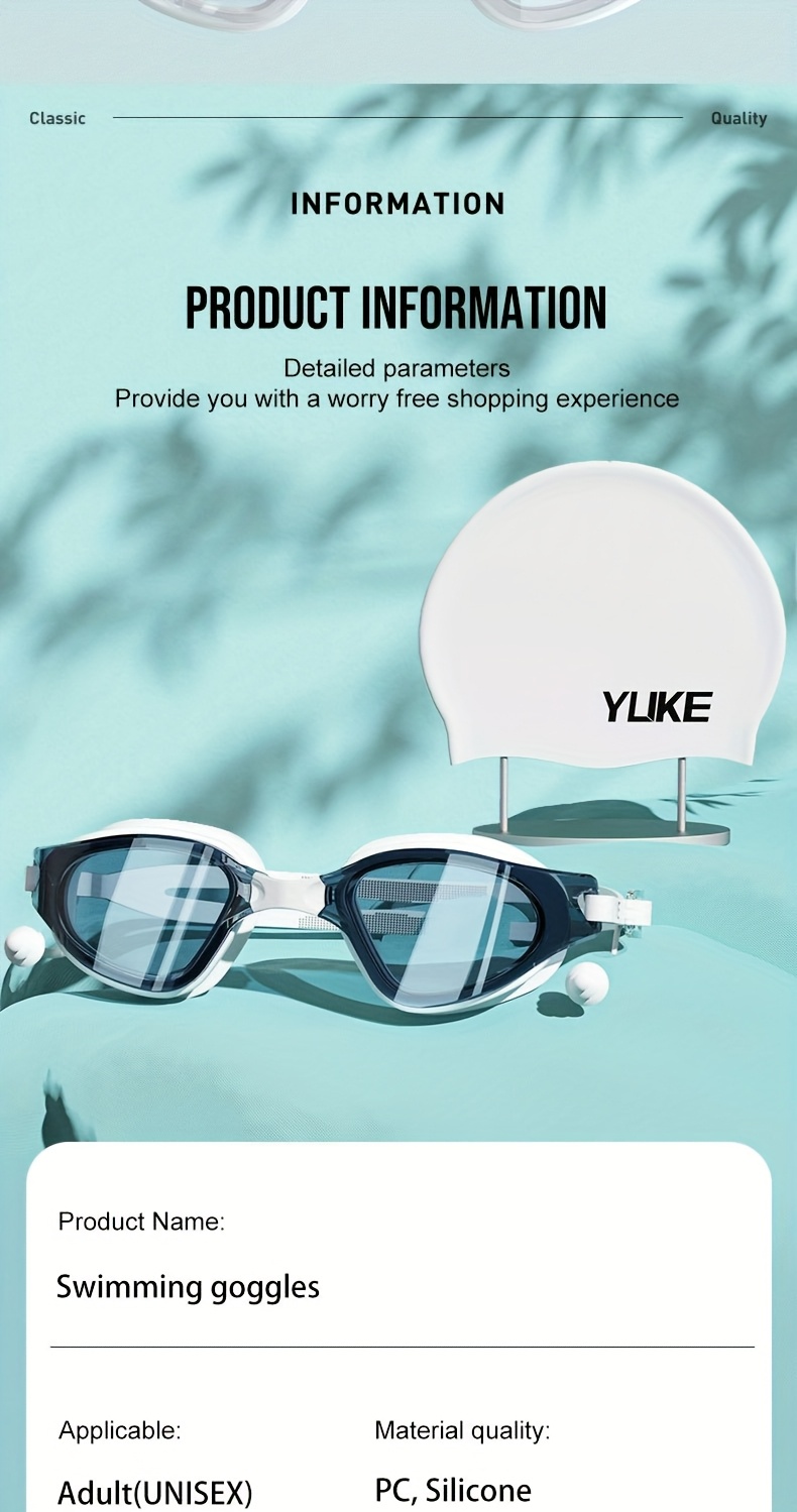 Adult high-definition swimming goggles, made of durable PC material, leak proof, with non fogging lenses and a frame design that provides a wide field of view. Available in black, white, and blue, unisex