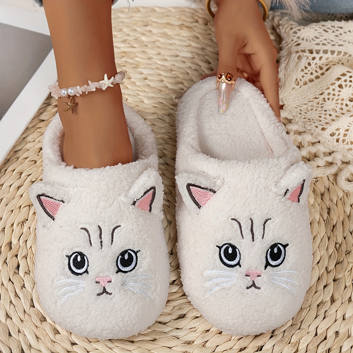 4-Season Women's Cat Pattern Plush Slippers Soft Comfortable Indoor Home  Shoes, Spring/Autumn Cute Cartoon Kitten House Slides for Casual Wear with 