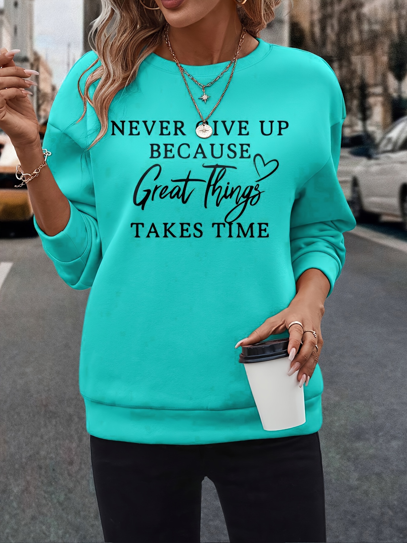 Never Give Print Pullover Sweatshirt Casual Long Sleeve Crew - Temu
