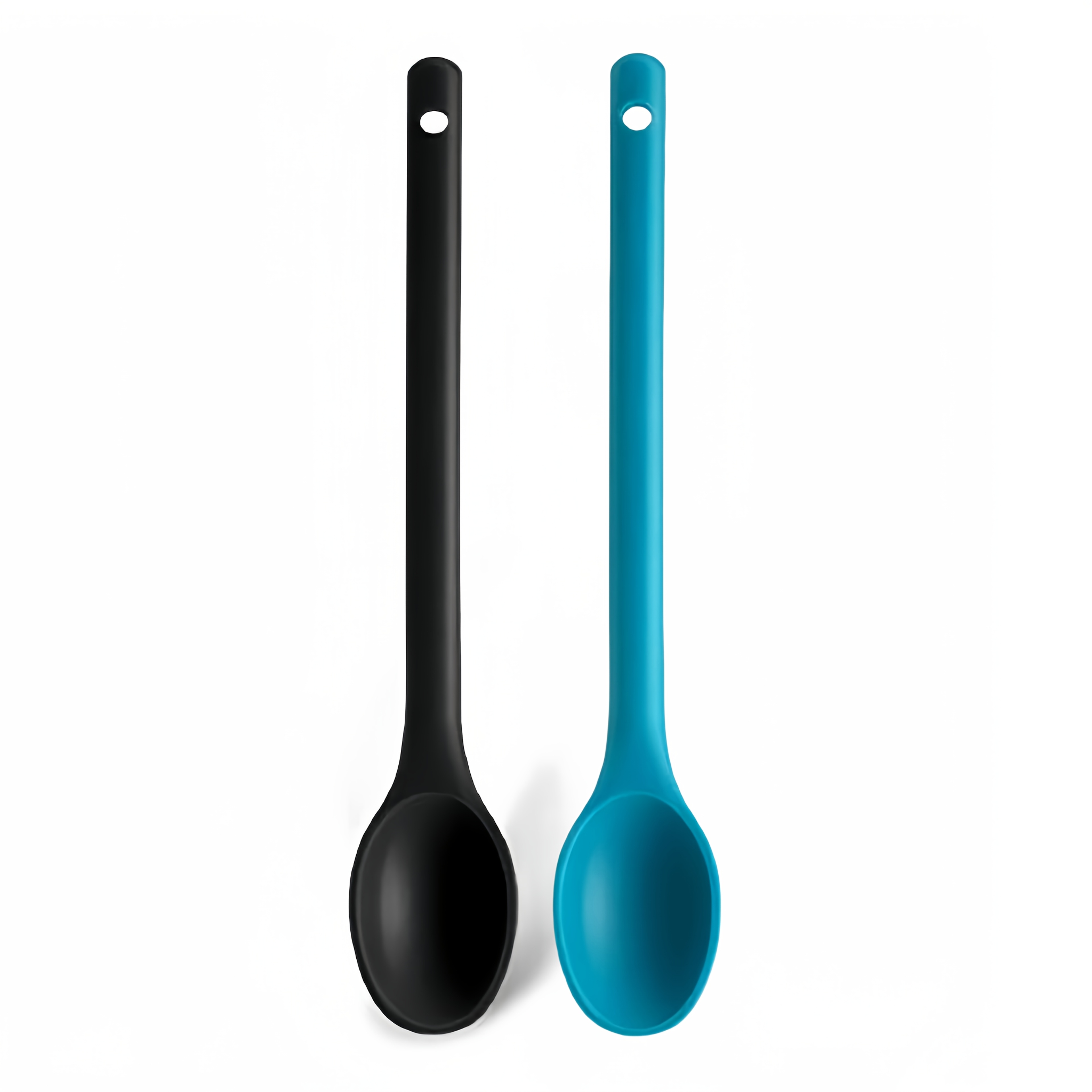 Image of Food-grade Silicone Long Spoon, In Red, Royal Blue, , And Stone Green. Features An Extended And Is A High-temperature Resistant Cooking Tool. Set Of 2pcs