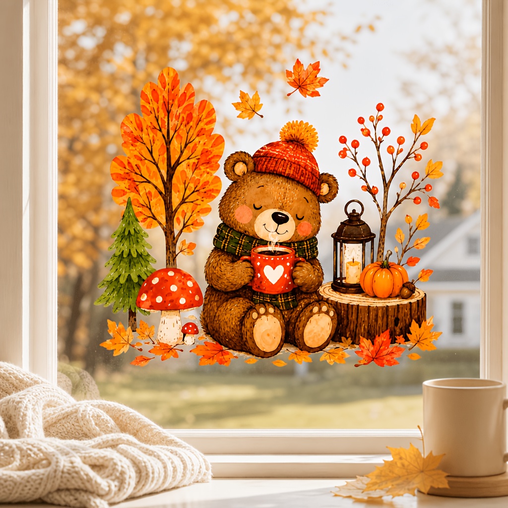 TEMU 1pc Autumn Falling Leaves And Bear Window Cling, Illustration-style Glass Sticker, Pumpkin, Mushroom, Pine Tree, Lantern, Berry Elements,
