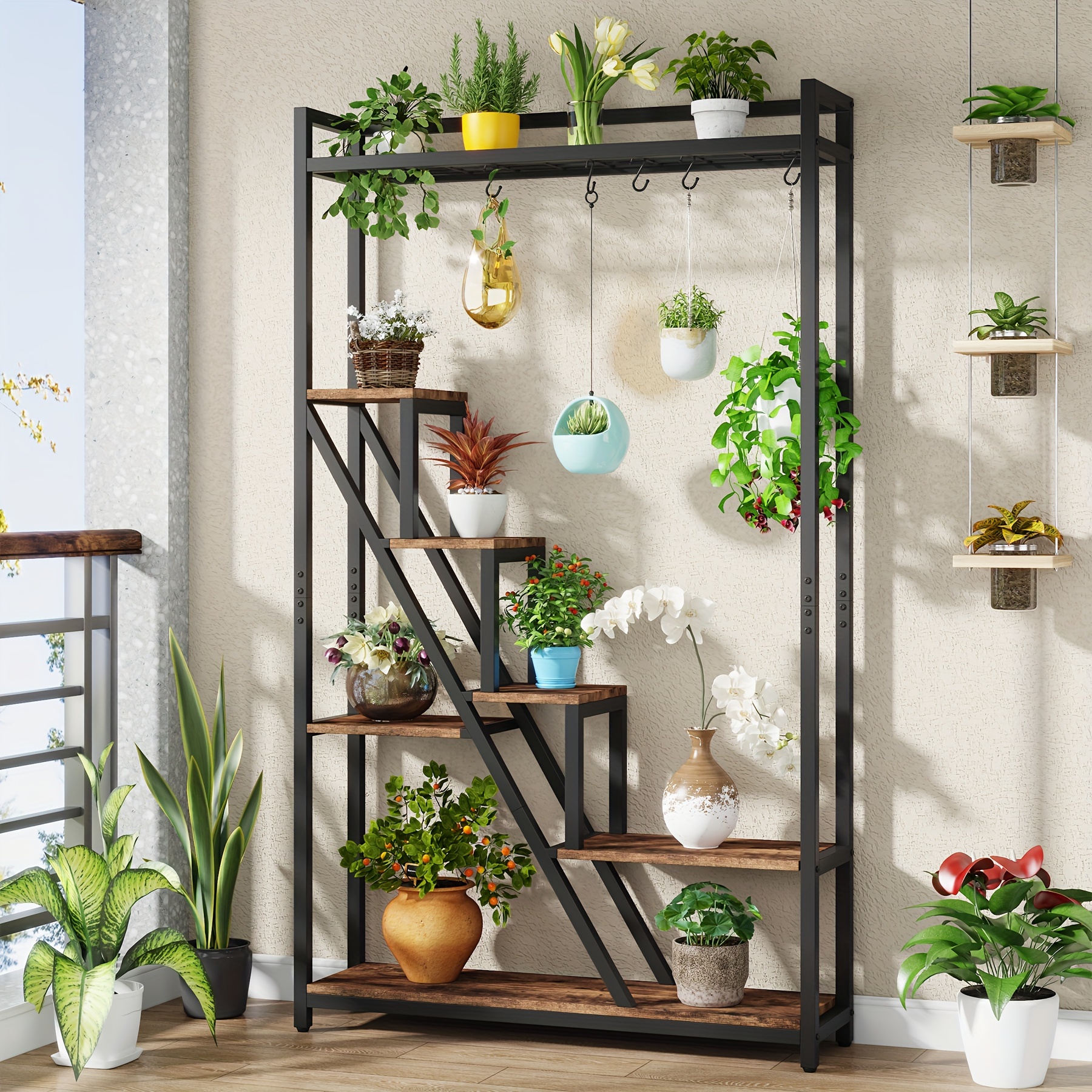 

Little Tree 70.9 Inches Tall Indoor Plant Stand, 7-tier Large Plant Shelf With 5 S-hooks, Industrial Wood Flower Stand Display Rack For Indoor, Garden, Balcony, Living Room