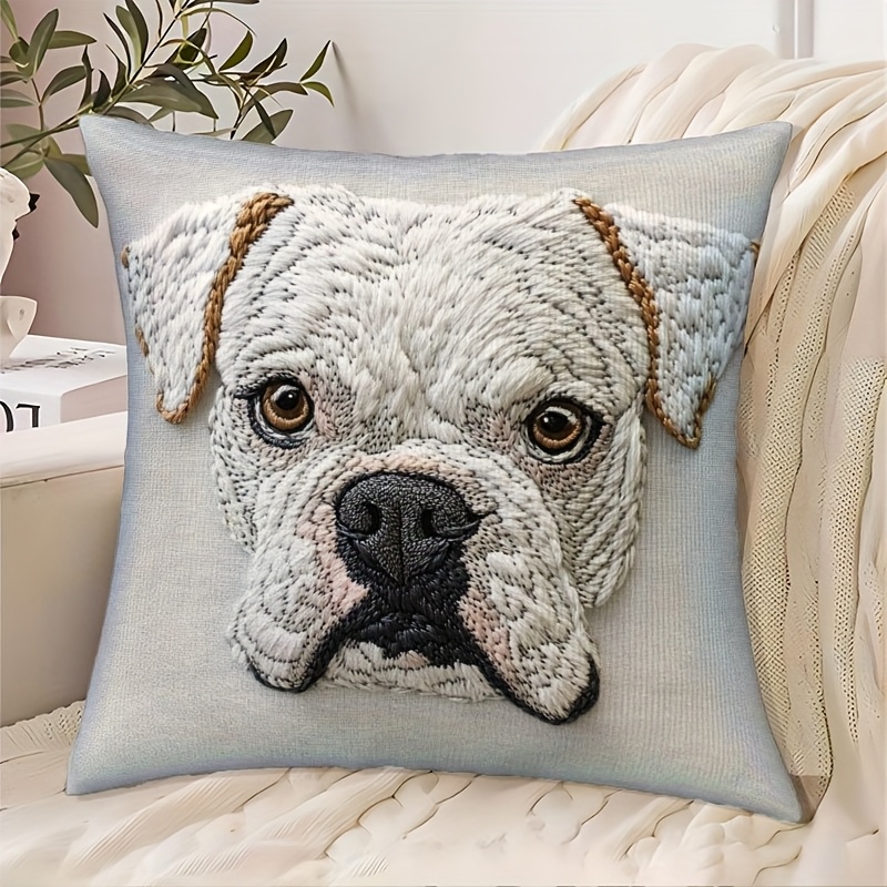 

1pc Vintage White Boxer Dog Embroidery Throw Pillow Cover, 18x18 Inches, Super Soft Polyester Short Plush, Machine Washable, Zippered, Woven Decorative For Home, Sofa, Bedroom - No Insert