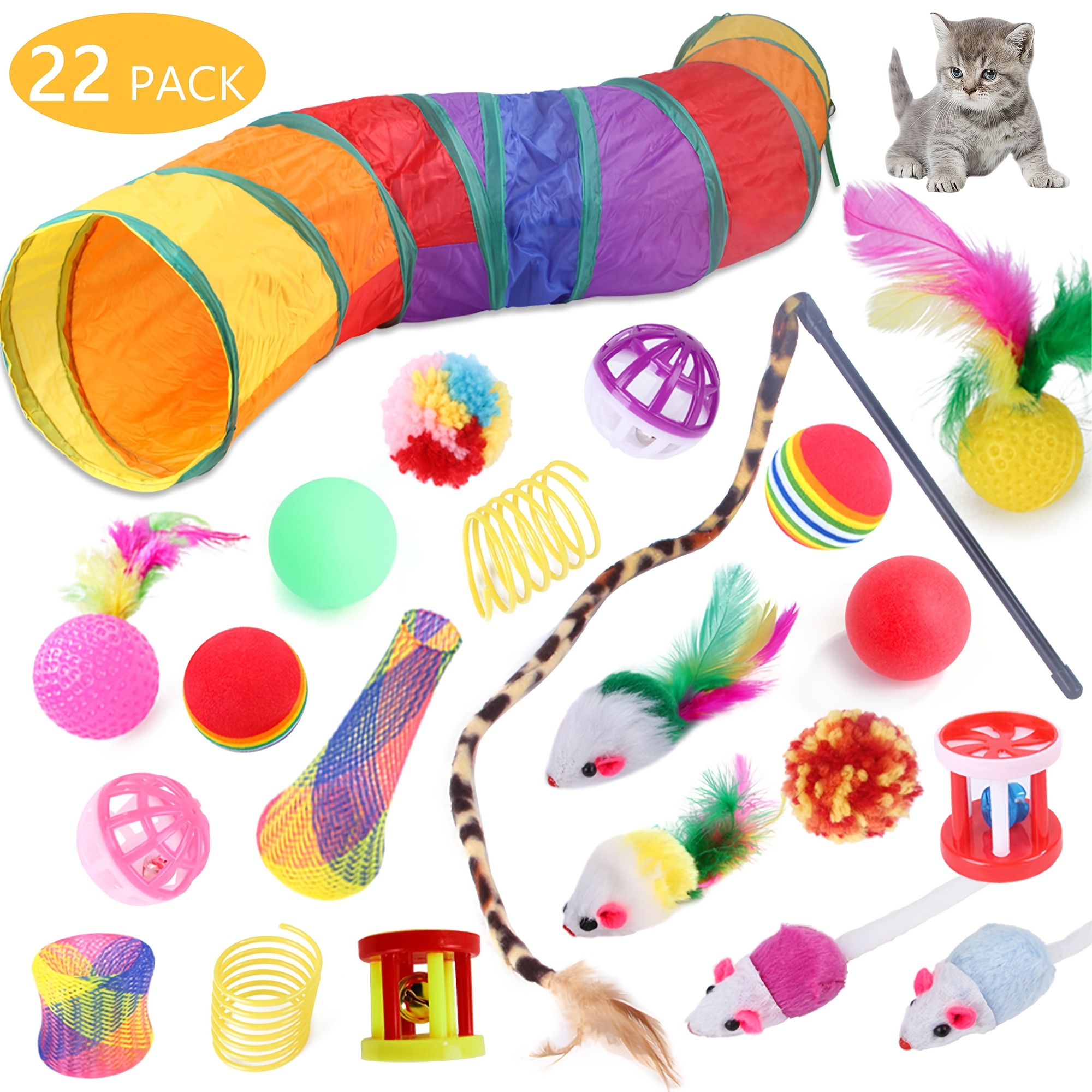 

22pcs Cat Toys Kitten Toy Set Folding Camouflage Cat Tunnel Indoor Interactive Pet Toys Feather Toy Colourful Mouse Plush Ball Toy Kit Kitten Puppy()