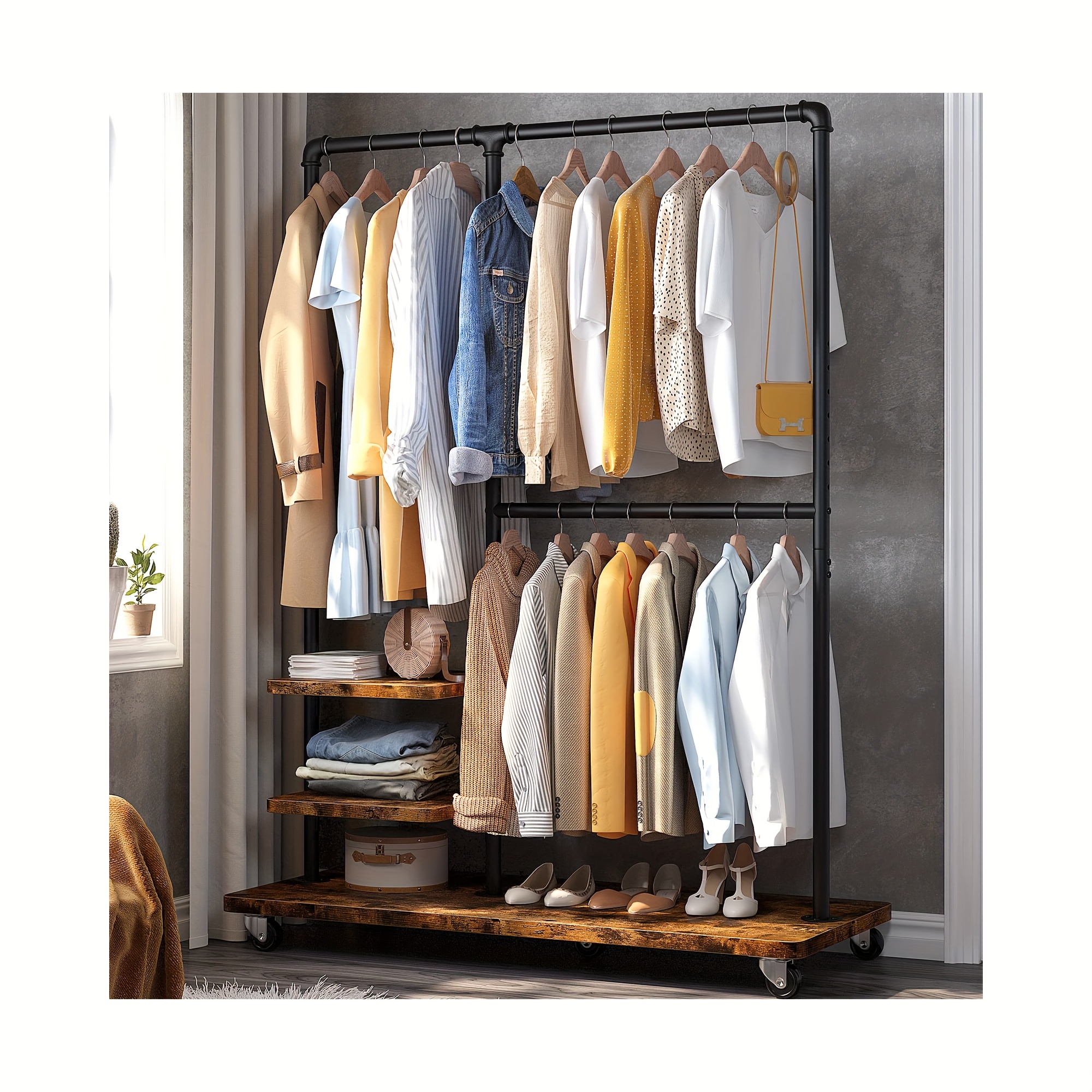 

Clothes Rack Heavy Duty Clothing Rack, 400lbs Rolling Garment Rack With Shelves, Industrial Clothing Rack With Shelves, Portable Adjustable Clothes Rack For Hanging Clothes, Rustic Brown