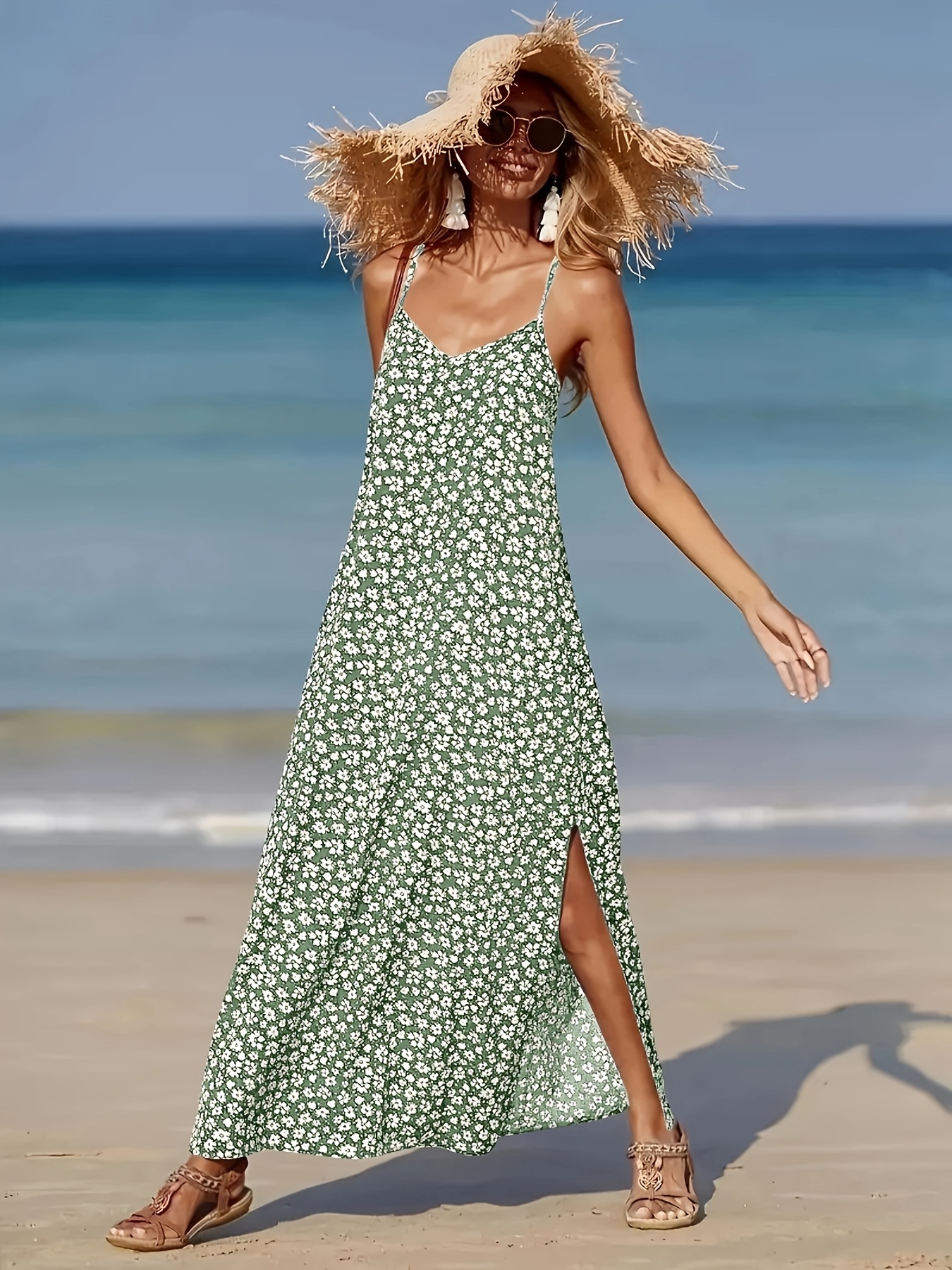 womens floral print v neck shoulder beach dress thigh slit - Temu Italy
