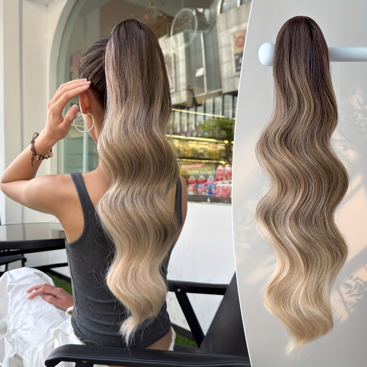 Ponytail Extension, 24 Inch Drawstring Ponytail Extension Long Curly Wavy Pony Tails Hair Extensions Synthetic Clip In Ponytail Hairpiece For Women, Brown With Highlights
