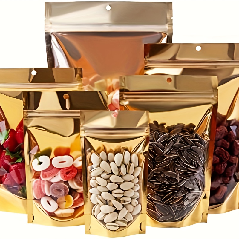 100 pack   foil bags with zipper lock reusable food storage pouches with hanging hole plastic packaging for christmas halloween easter hanukkah thanksgiving