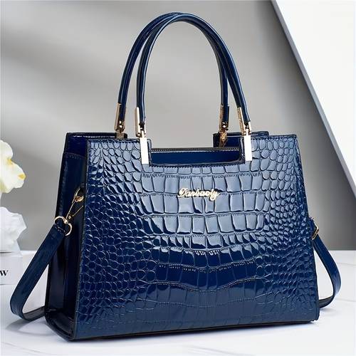 elegant crocodile pattern handbag for women classic solid color shoulder bag with detachable crossbody strap synthetic leather hardware zip closure in white and multiple colors