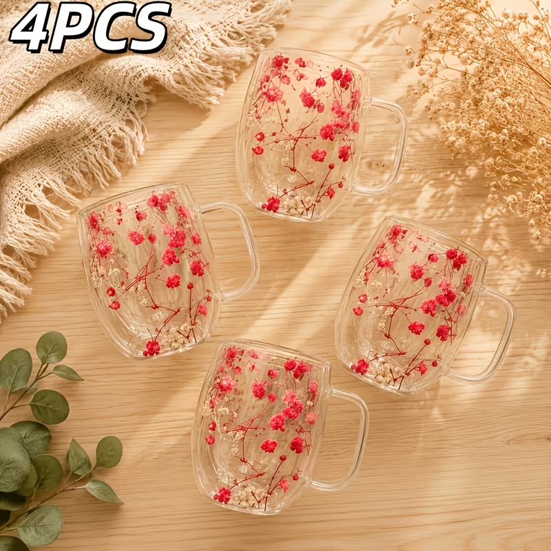 TEMU 4pack Pink White Glass Mugs, 360ml/12.17oz Heat & Cold Resistant Coffee Cups, Realistic , Home Decor For Office Living Room Dining Room, Ideal