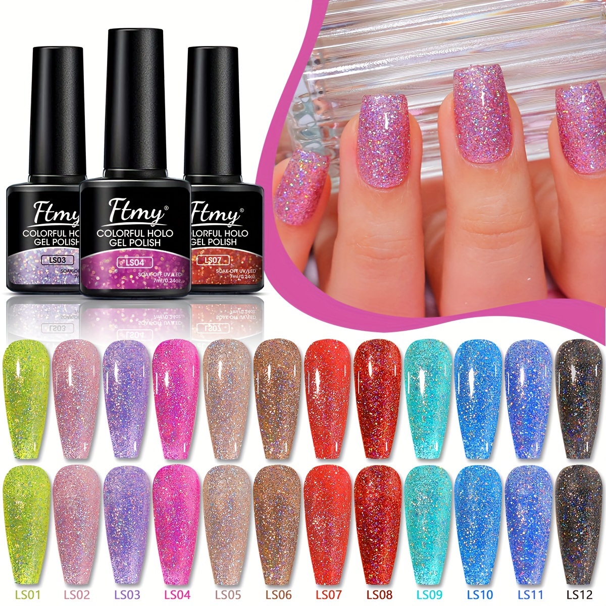 

7ml Holographic Glitter Gel Nail Polish - Colorful Laser Effect, Uv/led Soak Off, Alcohol-free For Salon Or Home Use