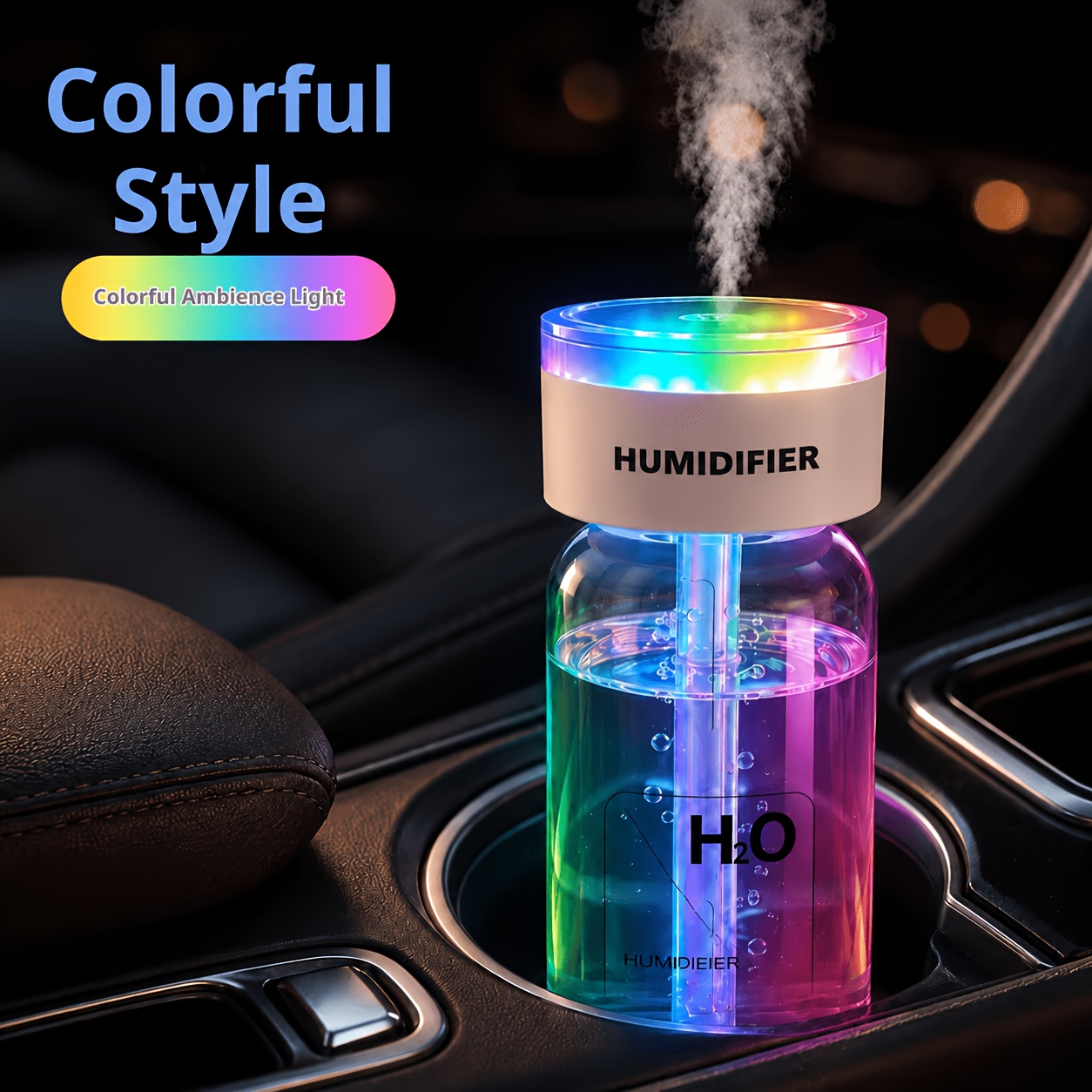 Car Humidifier, Portable Mini Usb Humidifier With Colorful Led Ambient Light, 3 Spray Quiet Mist Diffuser, Cup Holder Humidifier For Car Office Bedroom