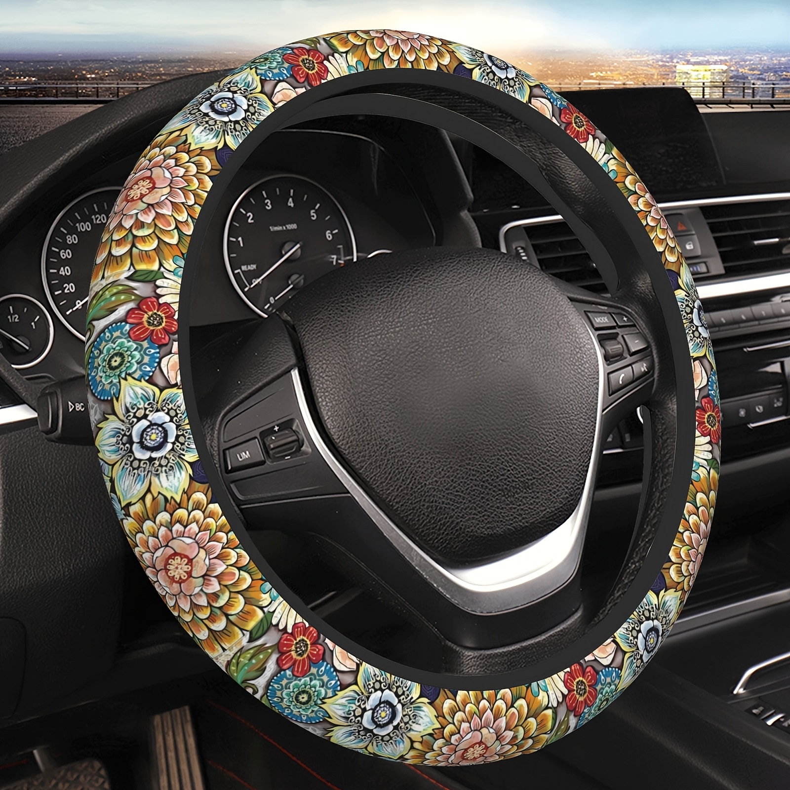 TEMU Bohemian Style Floral Steering Wheel Cover, Thickened Neoprene, 15-inch, Fits Cars, Suvs, And More, With Vibrant Yellow, Orange, Blue, And Green
