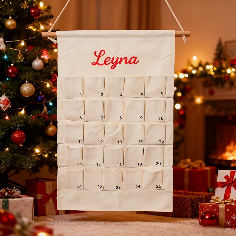 TEMU Sac de Calendrier de l'Avent Brodé Personnalisé avec Nom - 25 Poches en Tissu Suspendu pour Surprises Festives