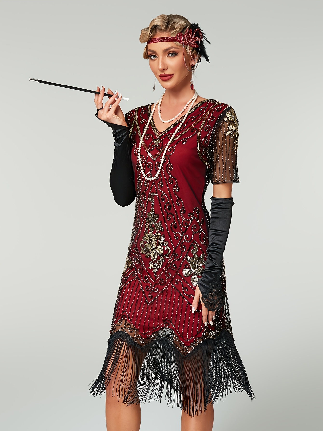 open lace back dress BABEYOND Plus 1920s Sparkly Sequin Dress, Plus 1920s Party Dress, Plus Gatsby Party Dress, Dark Red, Size 2XL