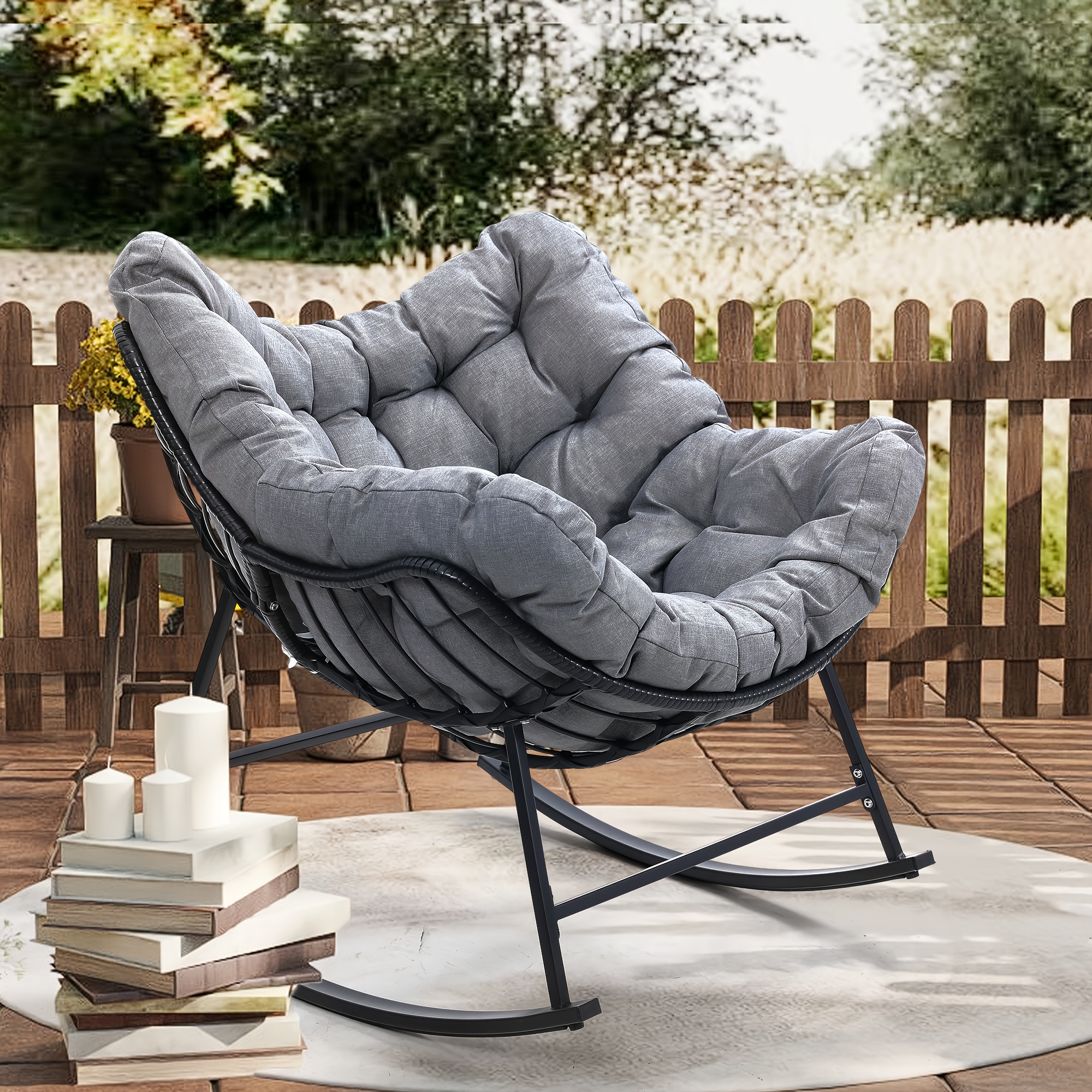 egg style papasan wicker rocker modern extra wide size for extra     rattan frame and thick all weather cushion   your patio porch or balcony Product details 2