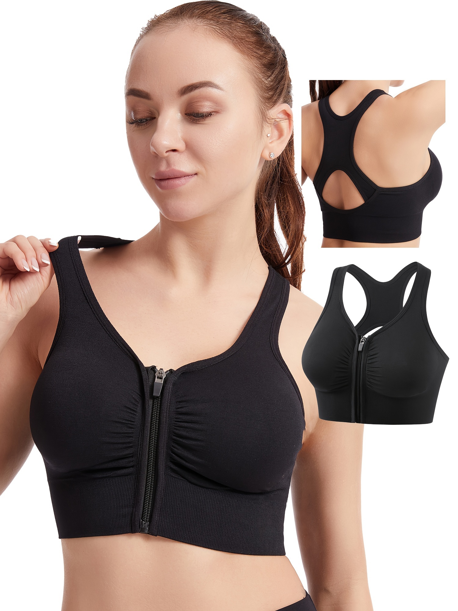 Sports Bra Women High Impact Zipper Front Closure Padded Yoga Bra  Shockproof Top