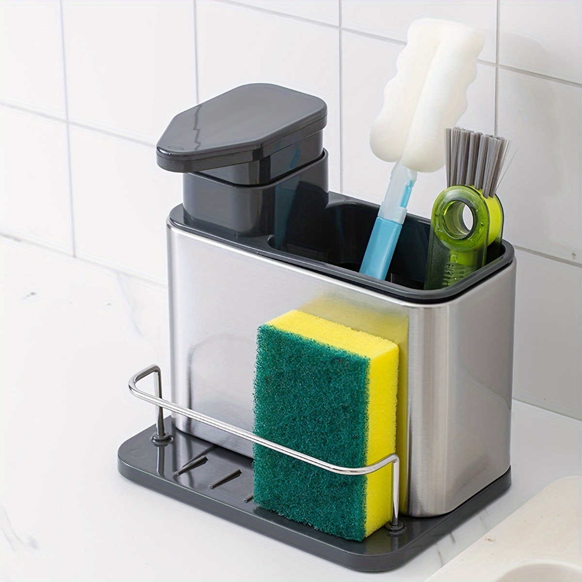 

1pc Multifunctional Kitchen Sink Caddy Organizer, Plastic Sink Storage Holder With For Sponge, Brush, And Dish Soap Dispenser - Non-food Contact Accessory Rack