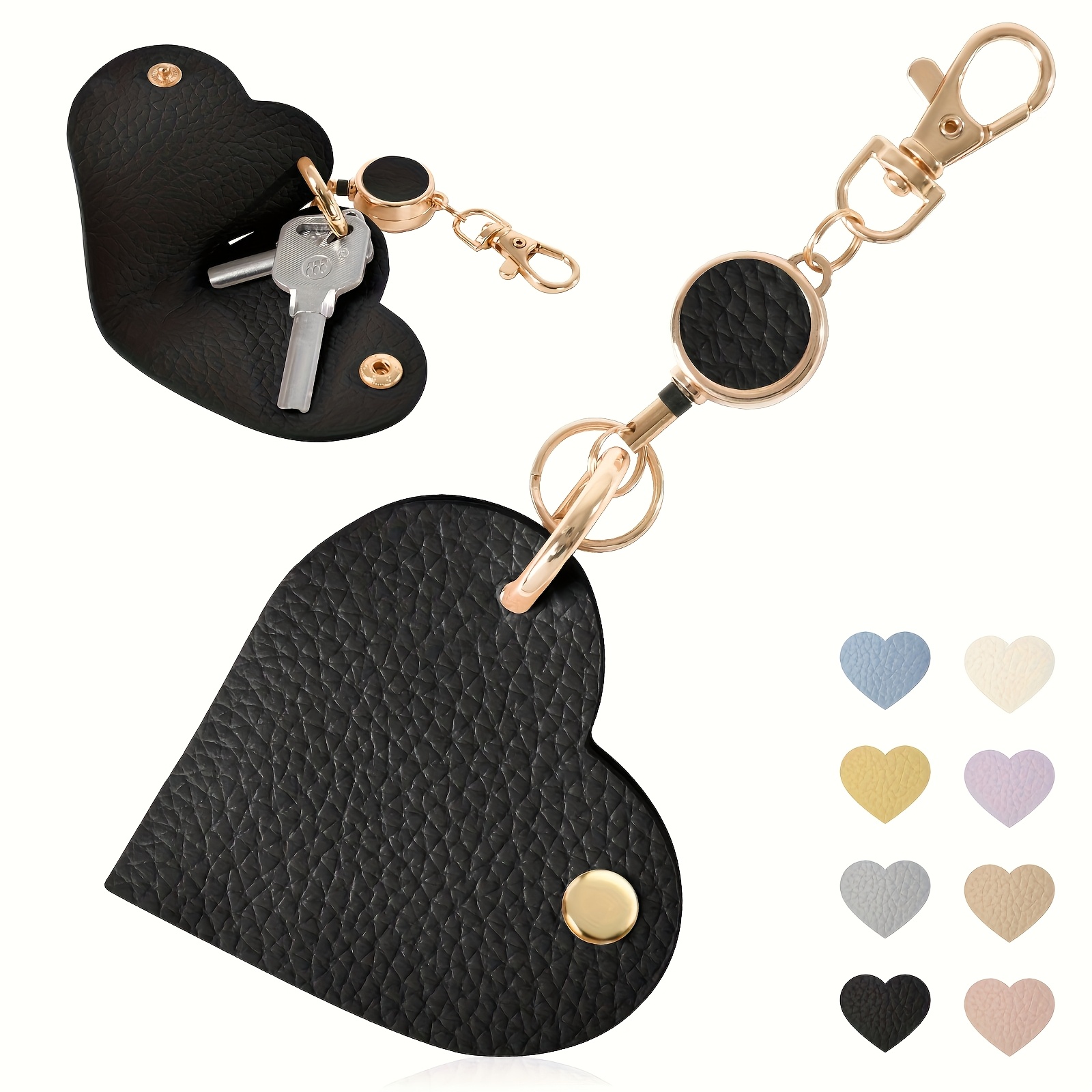 TEMU 1pc Porte-clés rétractable de cœur avec lanière et boucle en alliage doré - Porte-clés rose et doré, adapté pour le rangement des clés et du