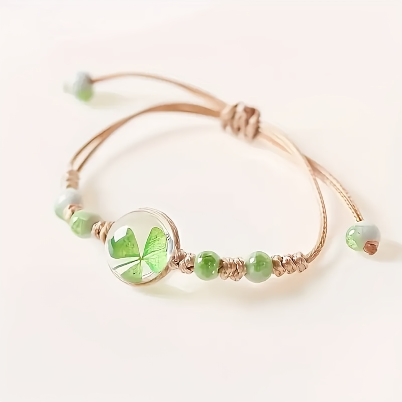 Adjustable Boho Dried Flower Bracelet with Four Leaf Clover Charm
