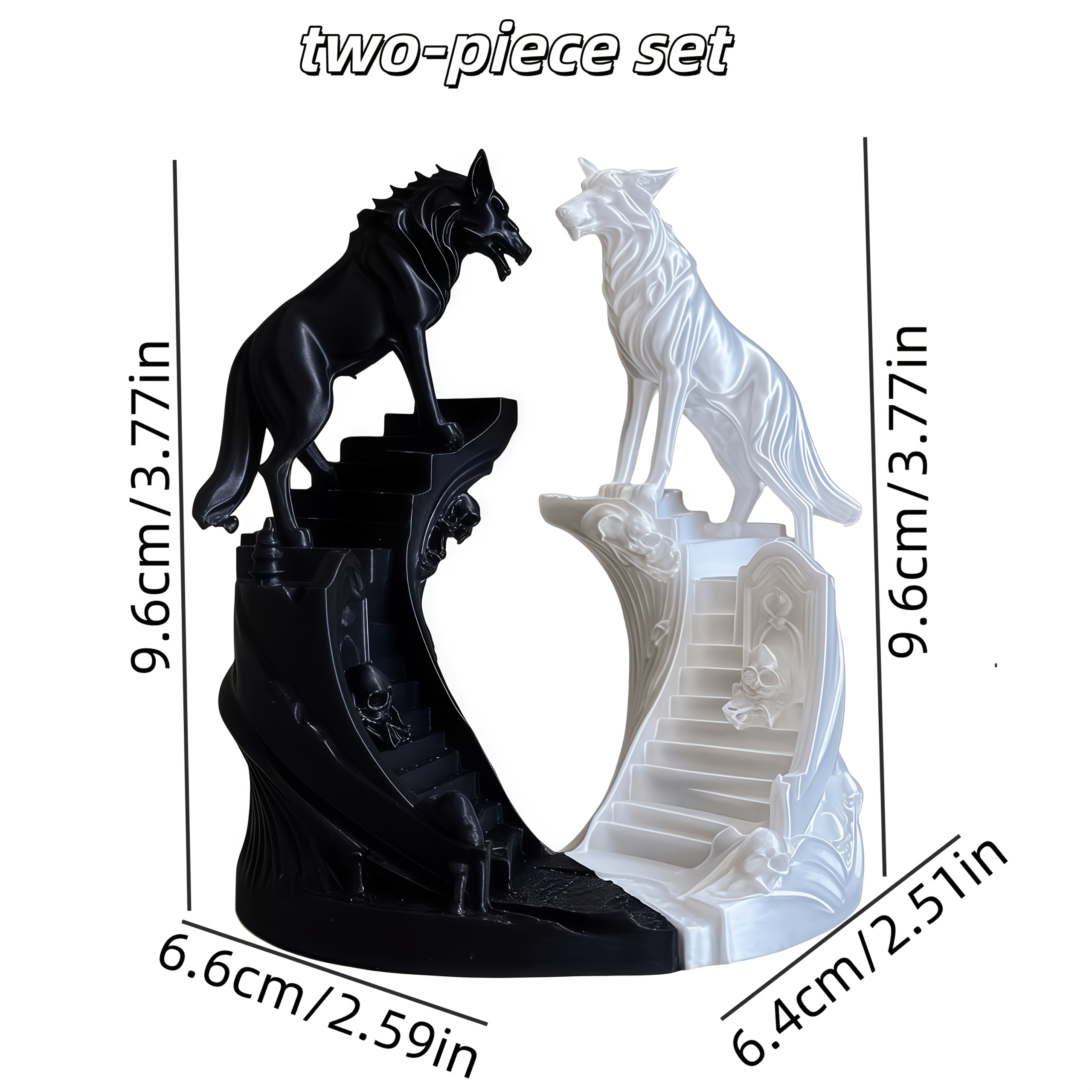 TEMU 2pcs Set - Gothic Black And White Wolf Statue Set, Statue On Tombstone Staircase, Eerie Dark Aesthetic Desktop Decoration, Halloween Desktop