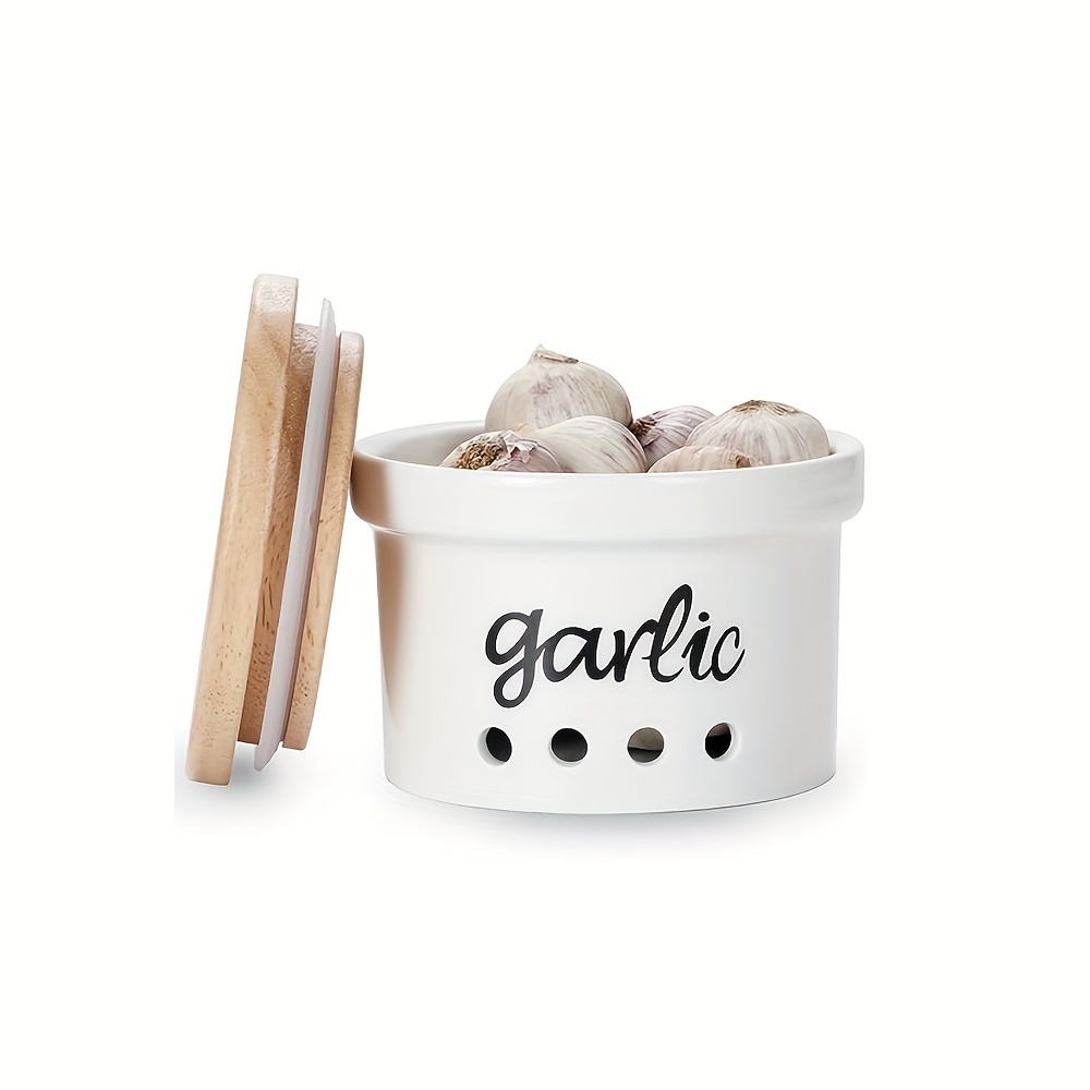 Garlic Storage Jar: Small Ceramic Jar With Wooden Lid, Perfect For Preserving Garlic Cloves - Kitchen Decor, Gift For - 12.5oz Capacity