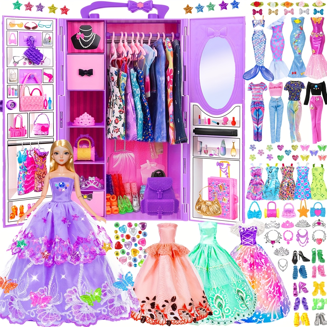 

92pcs 11.5" Doll & Closet Set, With Princess Dress, Shoes, Handbags, Necklaces, Diy Stickers, Doll Accessory Set, For 3-6 Years, Ideal For Pretend Play & Imaginative