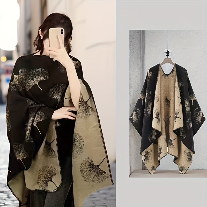 Ethnic Style Ginkgo Leaf Niche Dark Cloak Cape Double-sided Autumn Winter Unisex Split Scarf Elegant High-end Warm Shawl