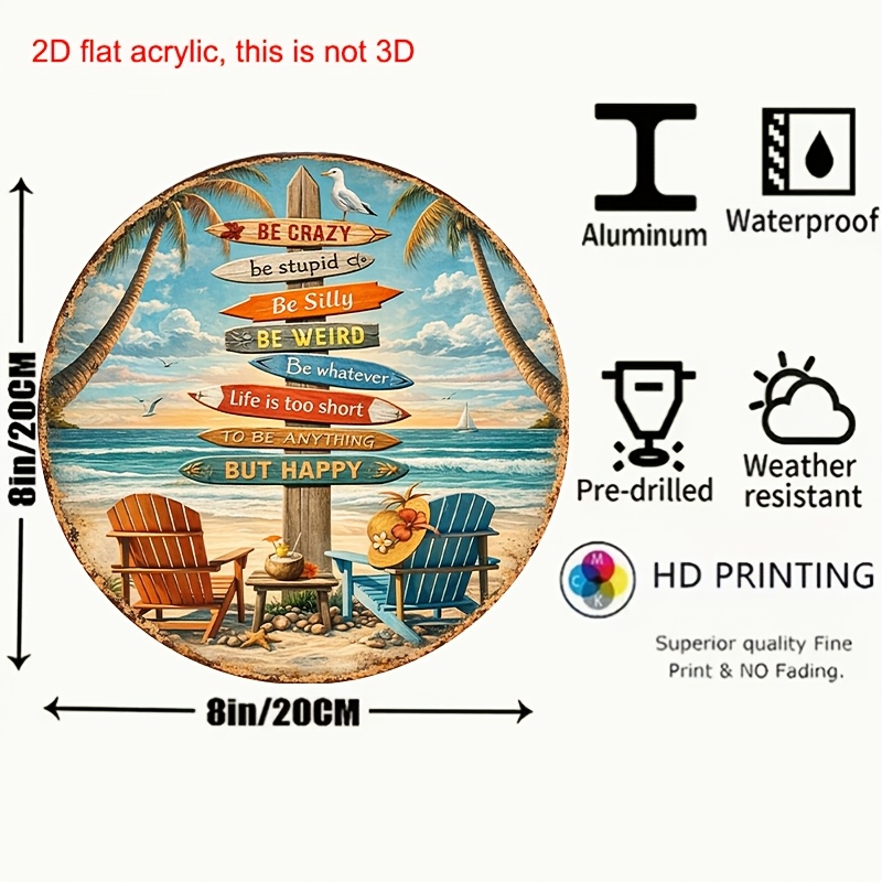 TEMU 2D Plat - 1 stuks 8 x 8 inch 20 x 20 cm 2D Plat Rond Bord, Vintage Decoratieve Plaque over Strandvakantie, Levenshouding Motto Decoratief Bord,