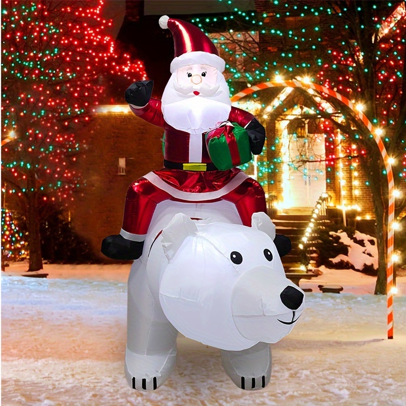 

1pc 6ft Inflatable Santa On Polar Bear With Led Lights, Shaking Head, Velvet Bow Scarf, Outdoor Garden Decor, Christmas Party Gift, 110-130v Us Plug, Polyester Material