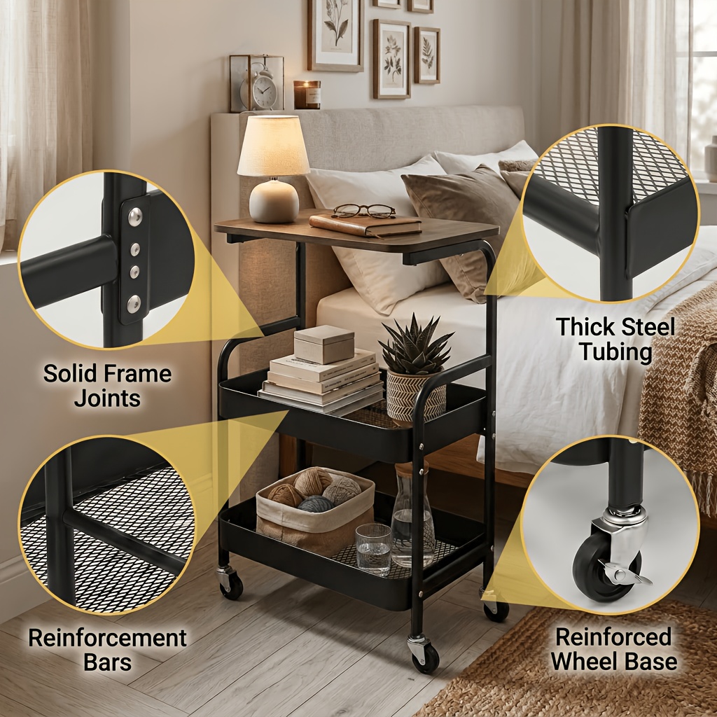 TEMU Portable 3-tier Storage Cart With Wheels, Metal Rolling Shelf Rack For Kitchen Home Office