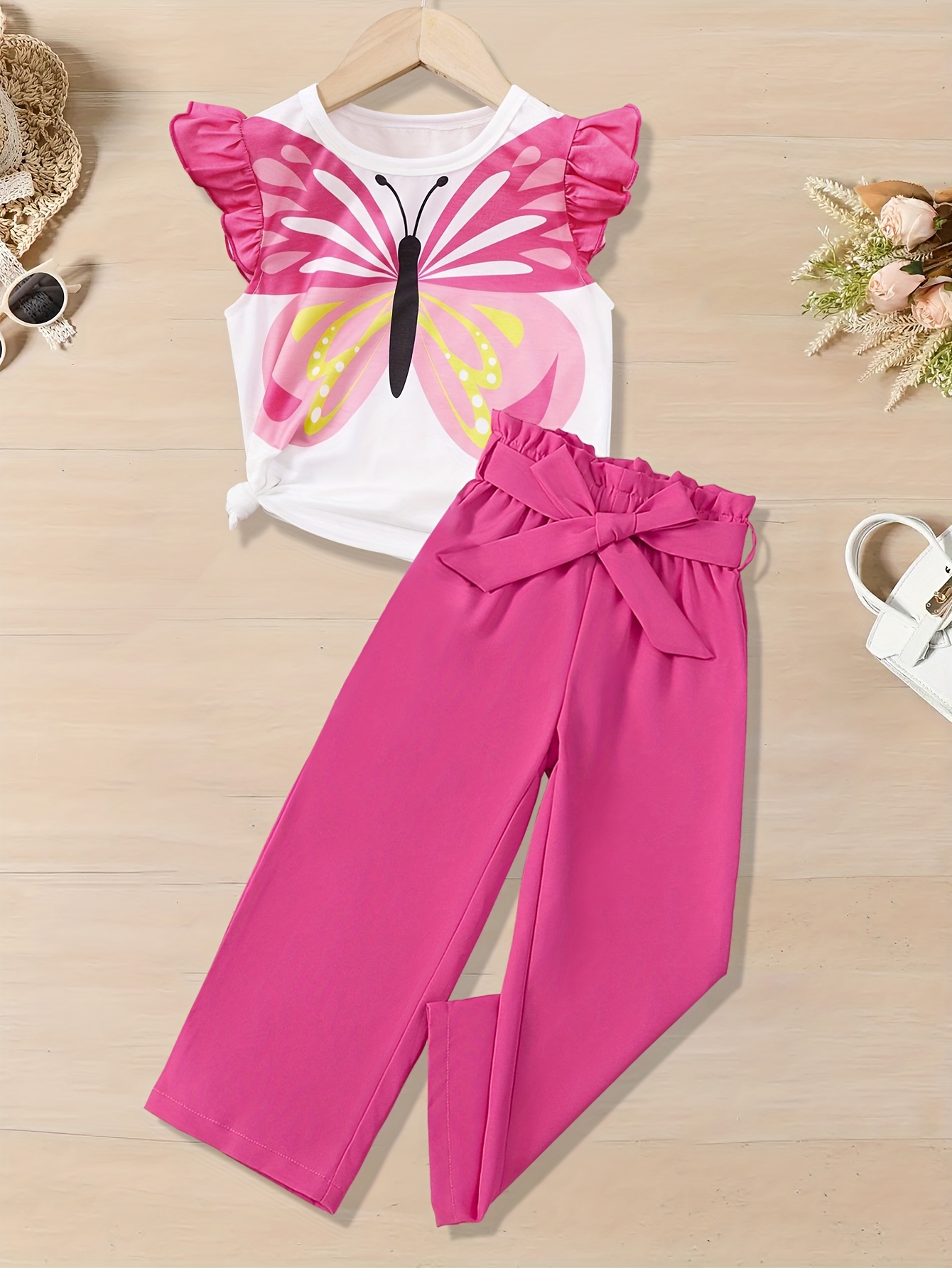 Girls' Puff Sleeve Butterfly Print Short Sleeve Top And Pink Ultra-Loose Long Pants Fashion Outfit, for Outdoor