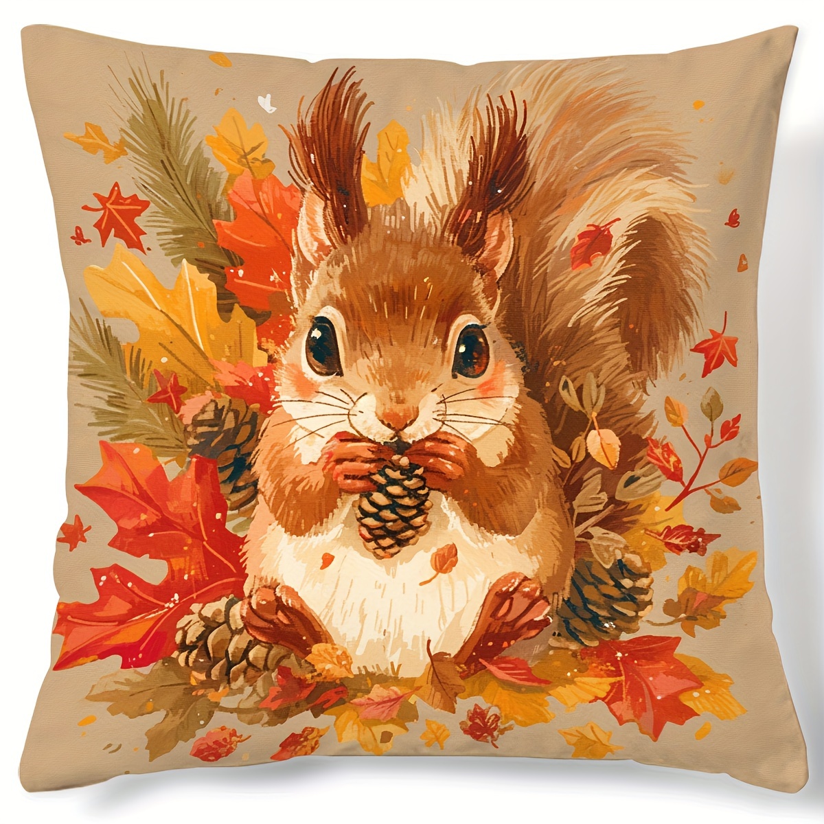 

Autumnal Squirrel Pillow Cover: Contemporary Style, Sunflower & Maple Leaves Design, 17.7" X 17.7", Suitable For Sofa, Living Room, Bedroom Home Decoration, No Pillow Insert