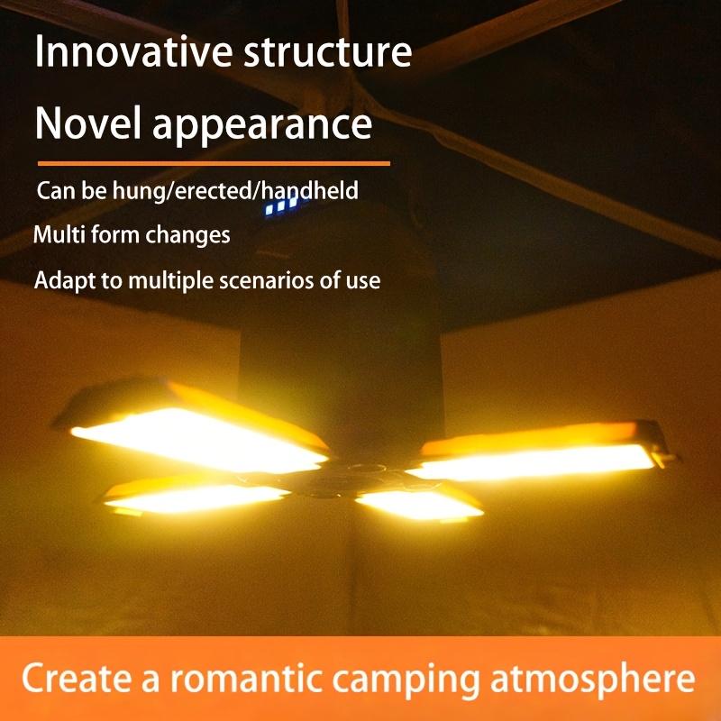 Portable rechargeable solar camping light, rechargeable flashlight, six lighting modes, portable hanging tent light, six lighting modes, foldable clover LED floodlight. Suitable for camping, hiking, traveling, fishing, emergency situations, gifts.